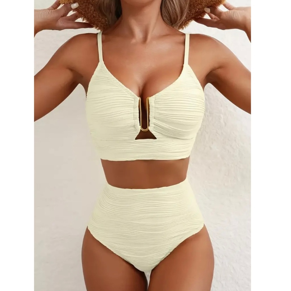 NWT ivory white high waist textured two piece bathing suit size medium NEW